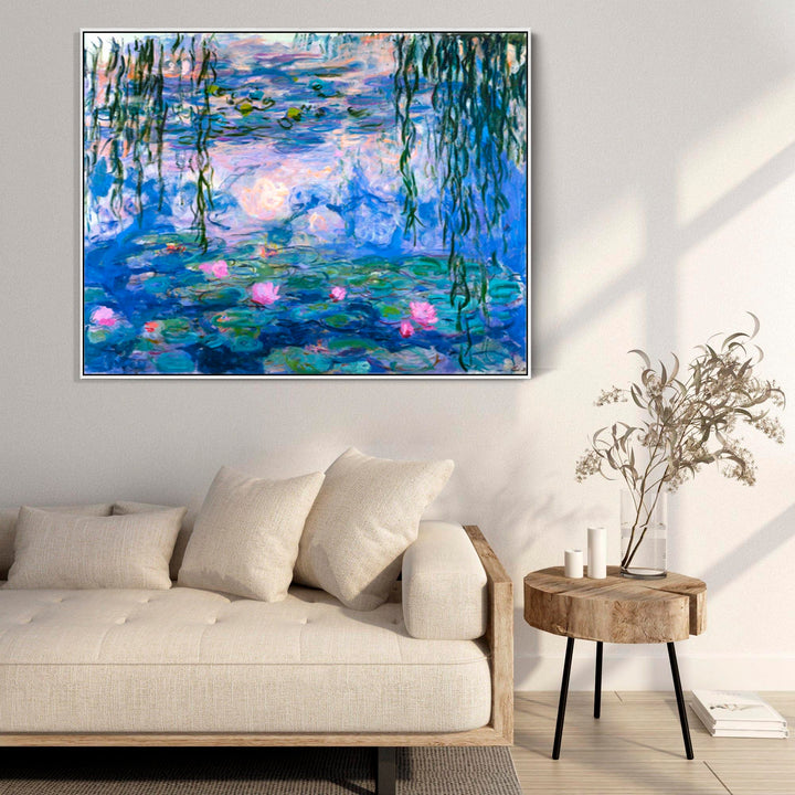 Large Blue Abstract Claude Monet Framed Canvas Print of Water Lillies Painting - FFob-2292-W-L