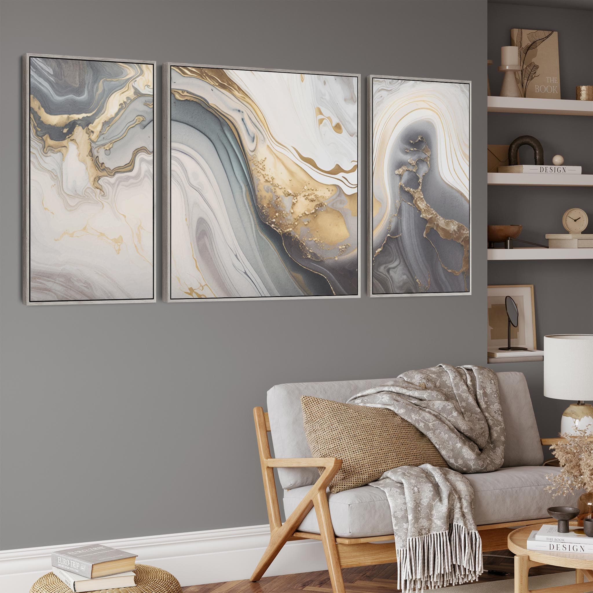 Large Modern Grey Gold Abstract Wall Art for Living Room - Framed Set