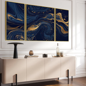 Large Navy Blue Gold Wall Art - Abstract Framed Canvas Set of 3 XXL