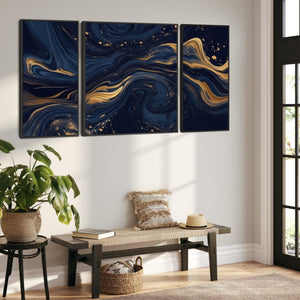 Large Navy Blue Gold Wall Art - Abstract Framed Canvas Set of 3 XXL