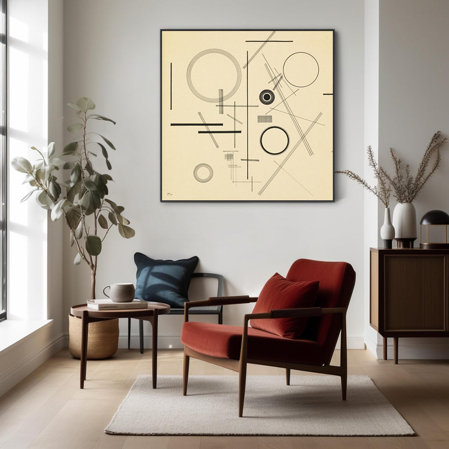 Large Beige Abstract Wassily Kandinsky Framed Canvas Print of Geometric Painting - 100cm x 100cm