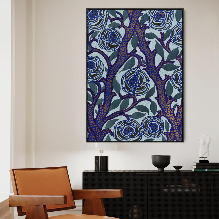 Large Teal Blue Art Nouveau Floral Flowers Framed Prints on Canvas Samarkande by EA Seguy