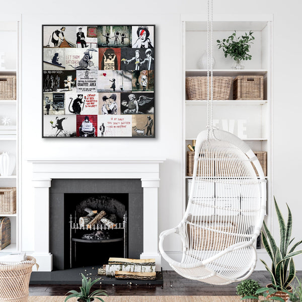 Extra Large Banksy Collage Framed Canvas Wall Art Print - XXL Graffiti Street Art Picture 100cm x 100cm