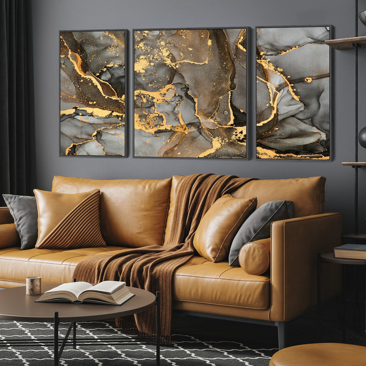 Extra Large Framed Wall Art Pictures for Living Room - Grey Black Gold ...
