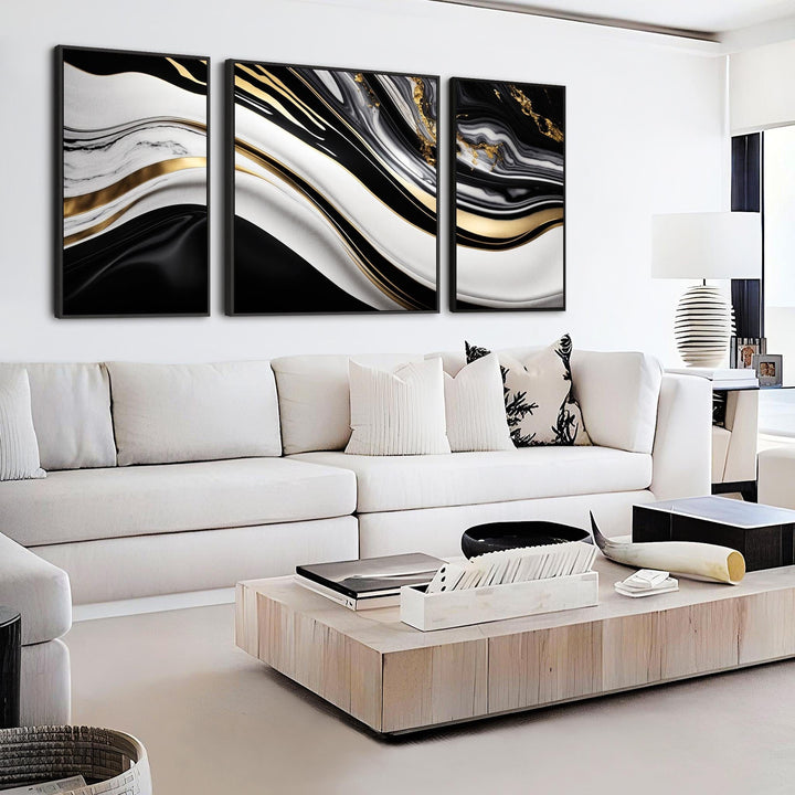 Extra Large Black Gold Framed Wall Art - Modern XXL Set 3 Canvas - 212cm Wide - 3AF2143XXL-G
