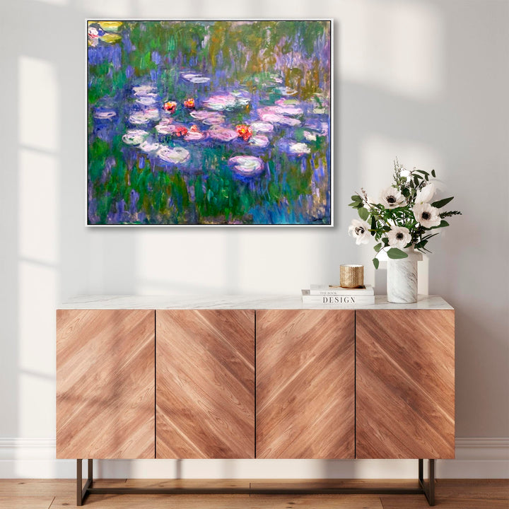 Large Blue Claude Monet Framed Canvas Print of Water Lillies Painting - FFob-2291-W-L