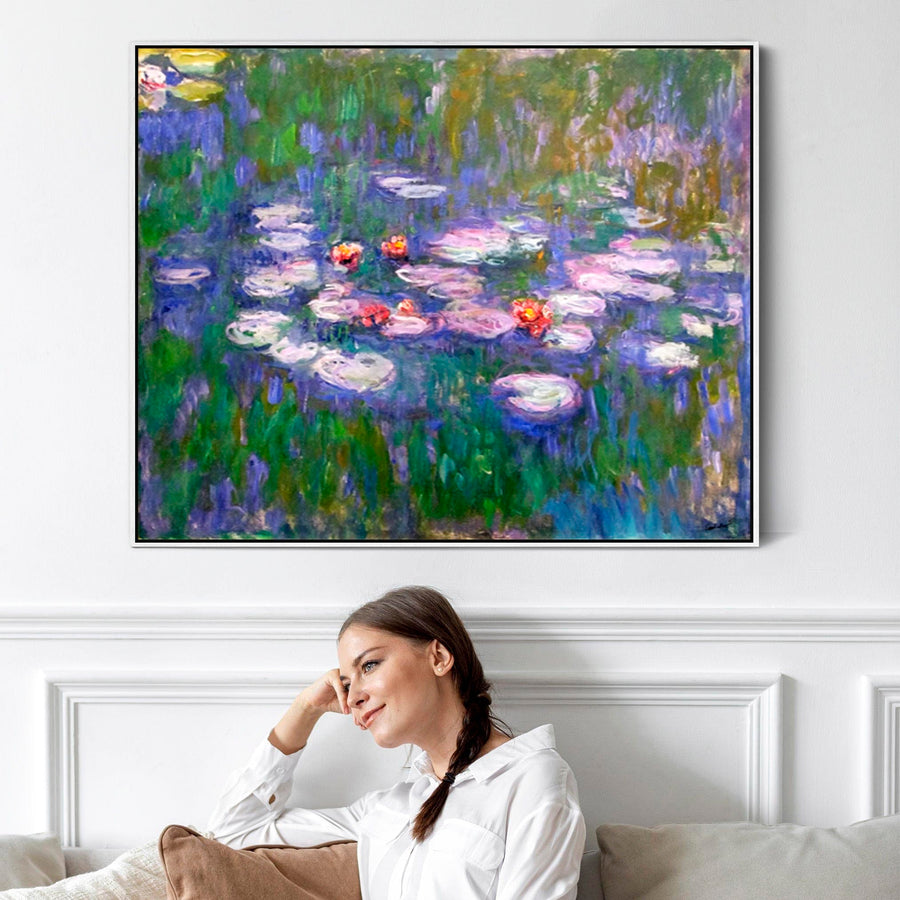 Large Blue Claude Monet Framed Canvas Print of Water Lillies Painting