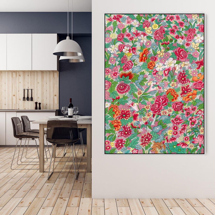 Large Colourful Floral Wall Art Framed Canvas Print of Japanese Flowers Painting - FFp-2169-W-S