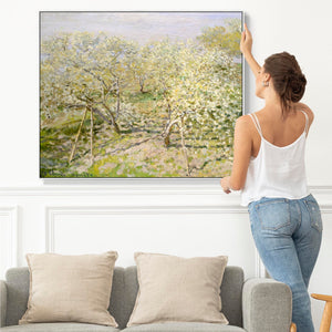 Large Claude Monet Framed Canvas Print of Spring Fruit Trees in Bloom Landscape Painting