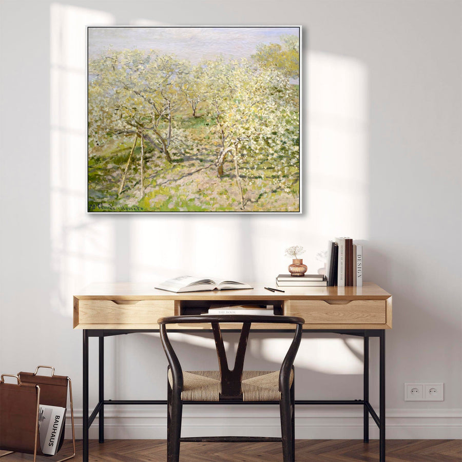 Large Claude Monet Framed Canvas Print of Spring Fruit Trees in Bloom Landscape Painting