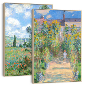 Large Claude Monet Framed Pair of Green Wall Art Prints of Vetheuil Landscape Paintings