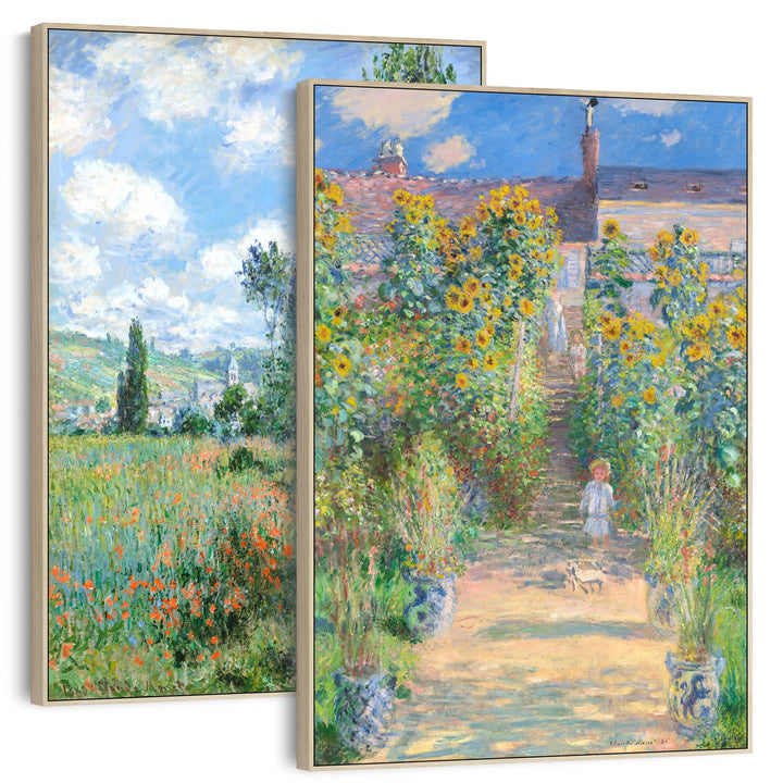 Large Claude Monet Framed Pair of Green Wall Art Prints of Vetheuil Landscape Paintings - 2FFP-2372-N-L