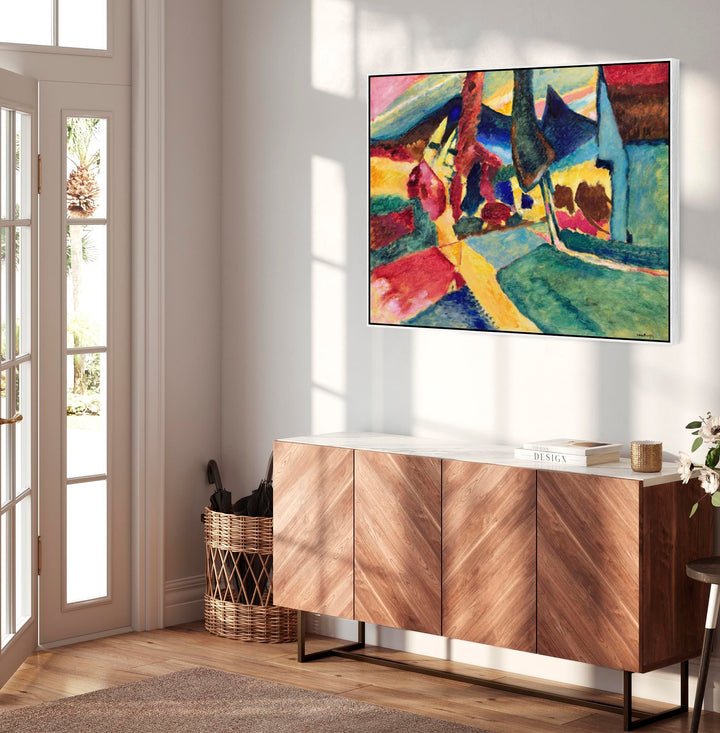 Large Colourful Abstract Wassily Kandinsky Framed Canvas Print of Landscape with Two Poplars Painting - FFob-2296-W-L