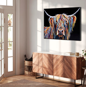 Large Highland Cow Colourful Unusual Wall Art Framed Canvas Print