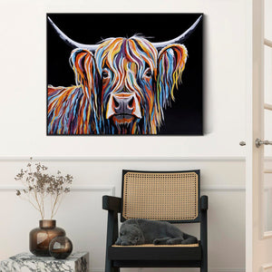 Large Highland Cow Colourful Unusual Wall Art Framed Canvas Print