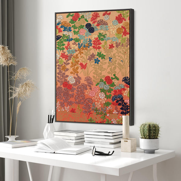 Large Colourful Japanese Wall Art Framed Multi Coloured Floral Canvas Print