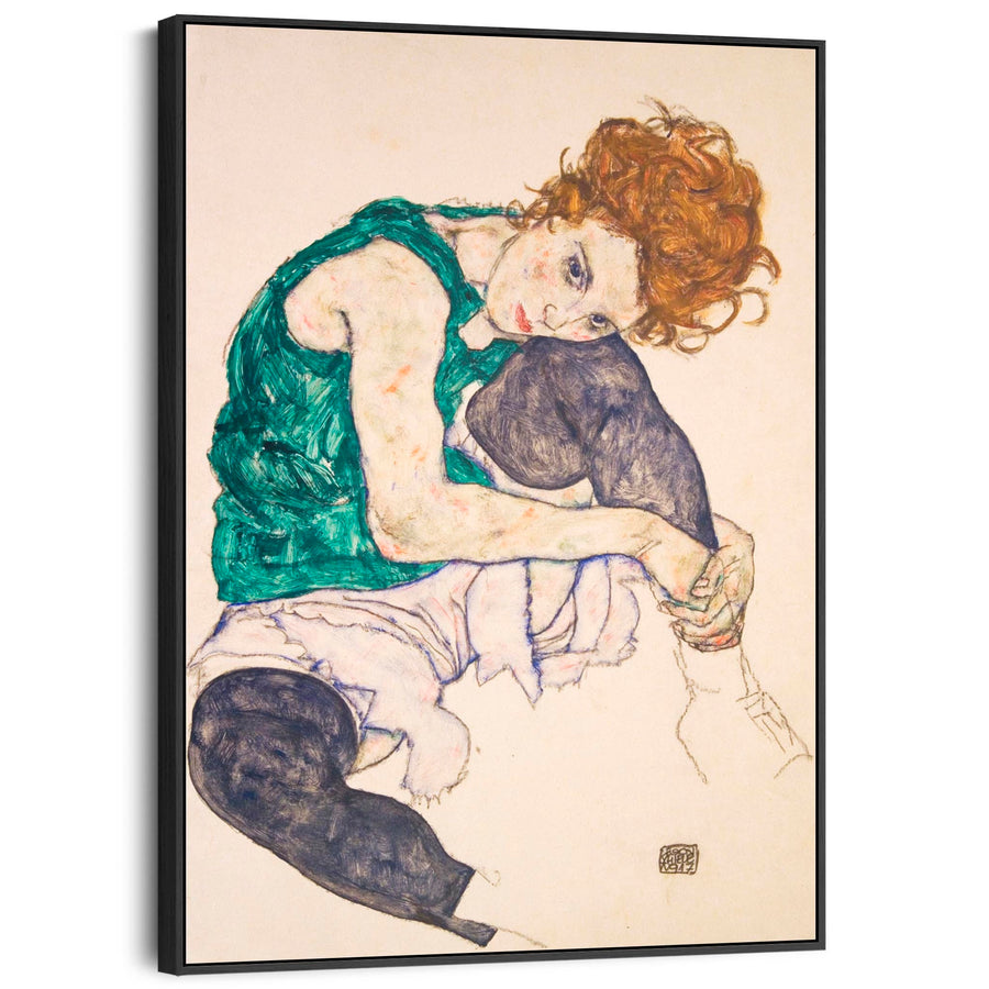 Large Egon Schiele Green Framed Prints on Canvas Woman with Bent Knees