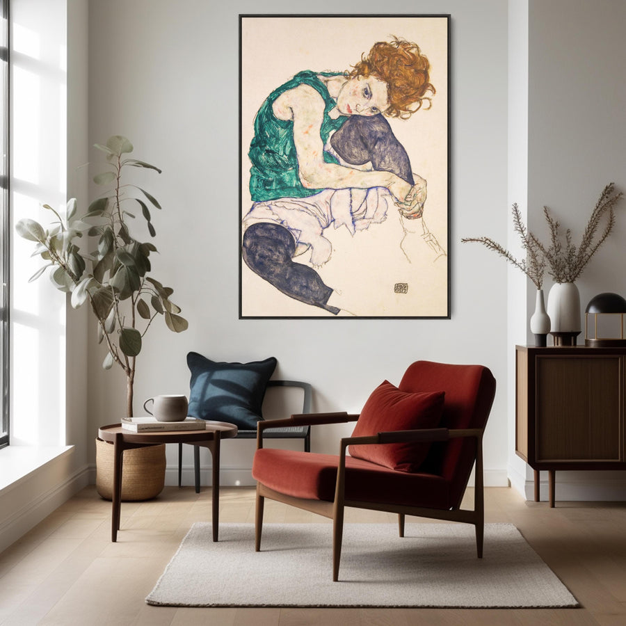 Large Egon Schiele Green Framed Prints on Canvas Woman with Bent Knees