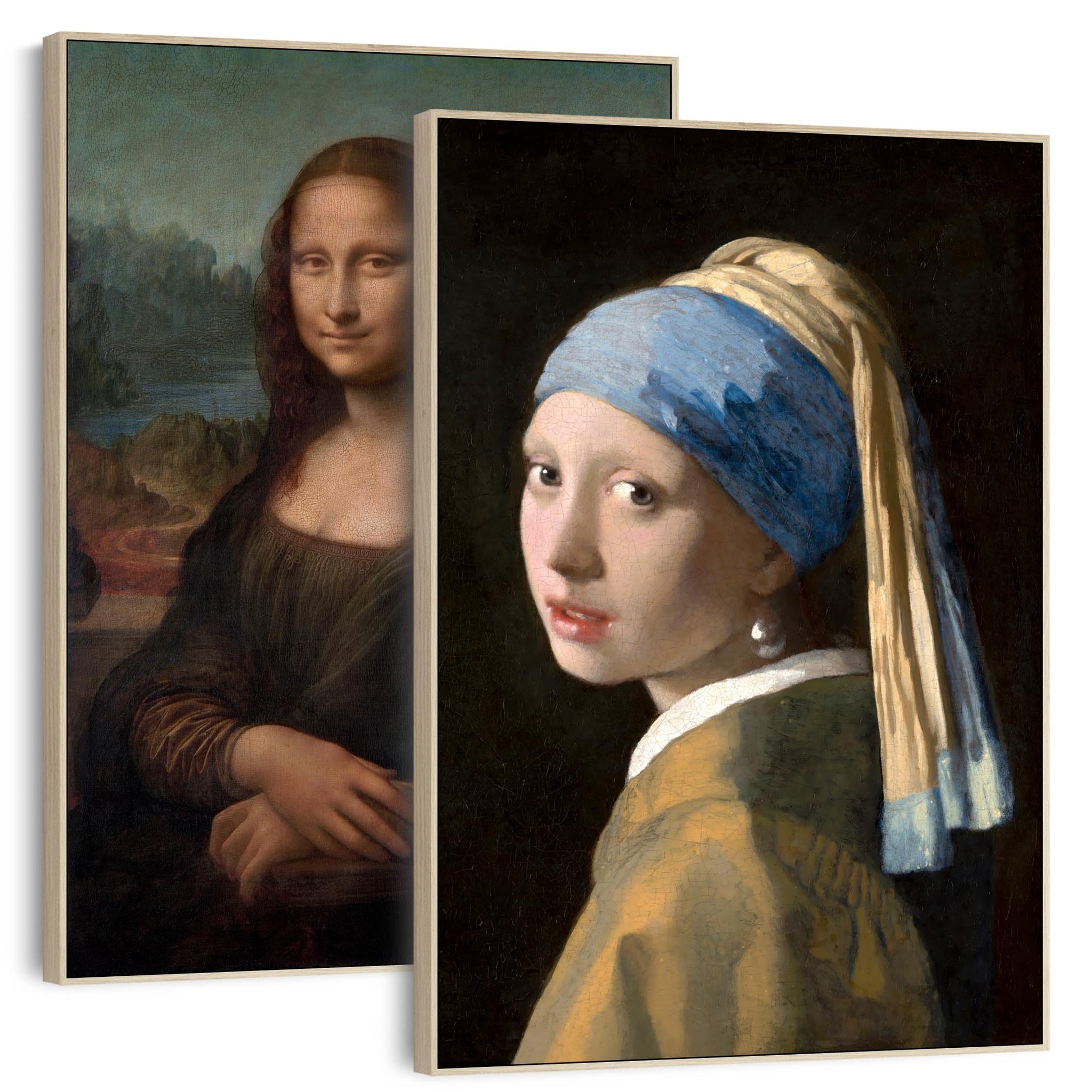 Large Famous Portrait Framed Pair of Mona Lisa Girl with Pearl Earring