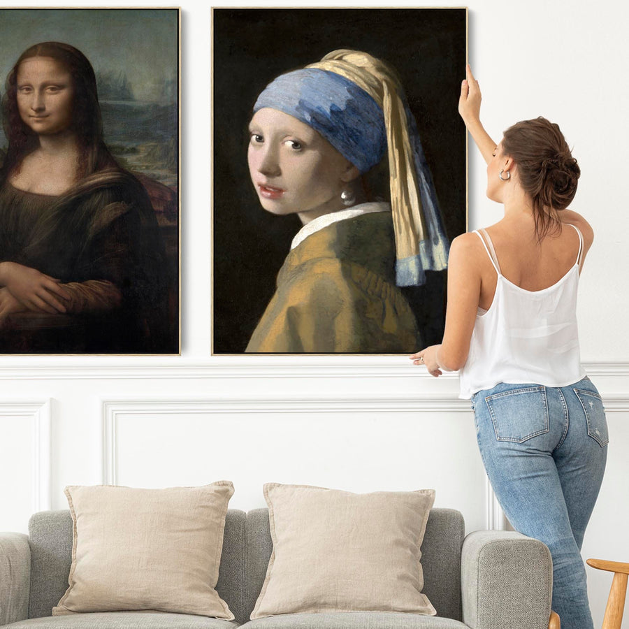 Large Famous Portrait Framed Pair of Mona Lisa Girl with Pearl Earring Prints on Canvas