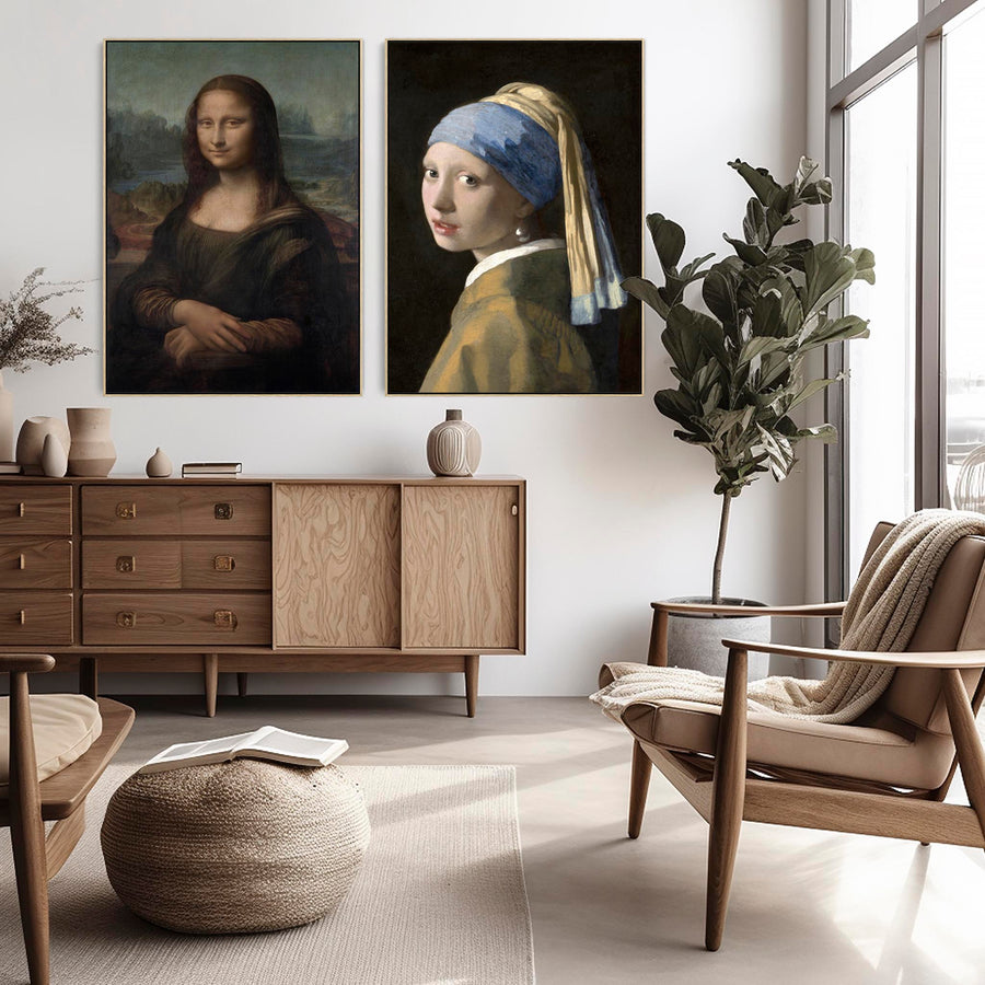 Large Famous Portrait Framed Pair of Mona Lisa Girl with Pearl Earring Prints on Canvas