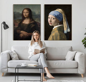 Large Famous Portrait Framed Pair of Mona Lisa Girl with Pearl Earring Prints on Canvas