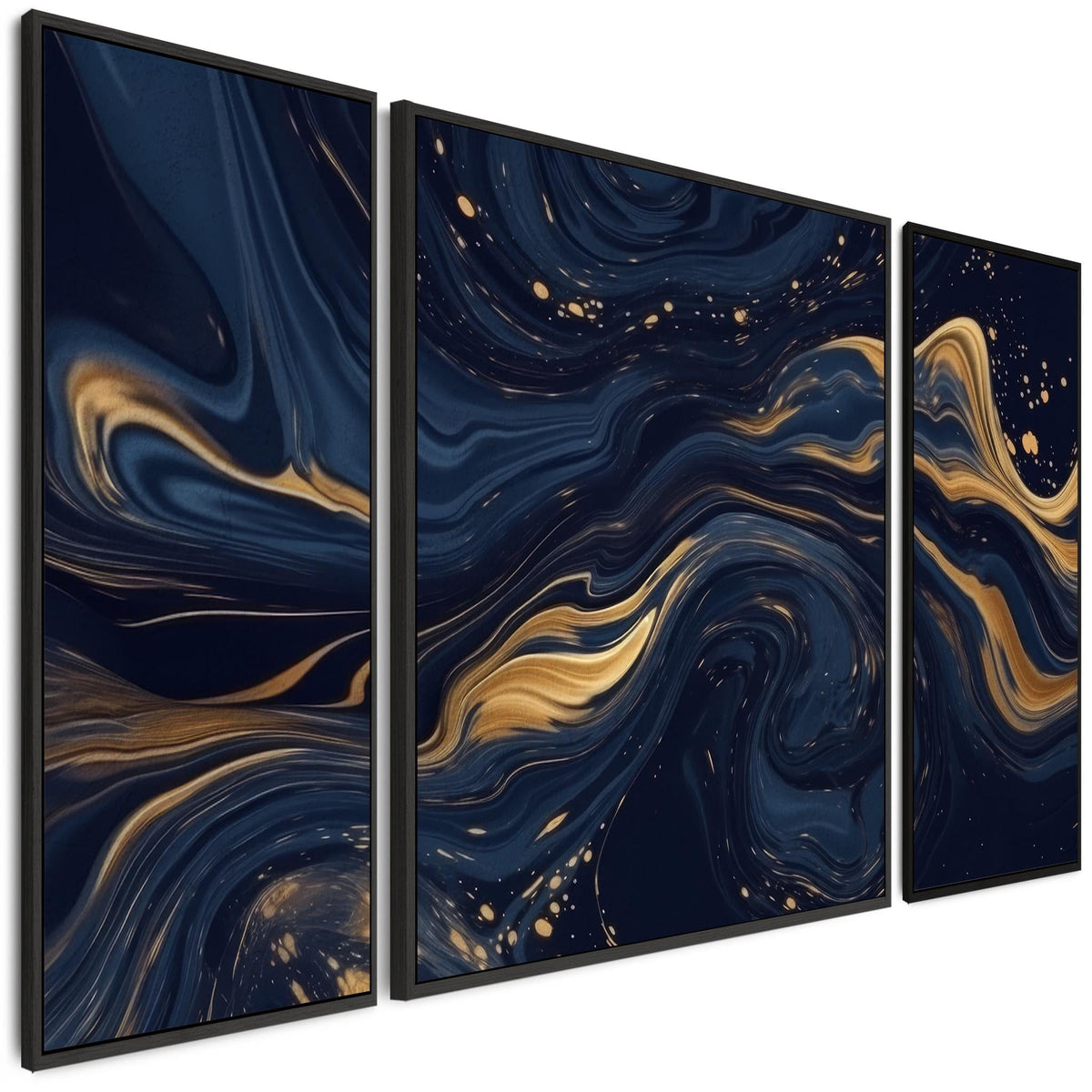 Large Navy Blue Gold Wall Art - Abstract Framed Canvas Set of 3 XXL