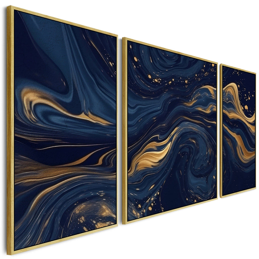 Large Navy Blue Gold Wall Art - Abstract Framed Canvas Set of 3 XXL