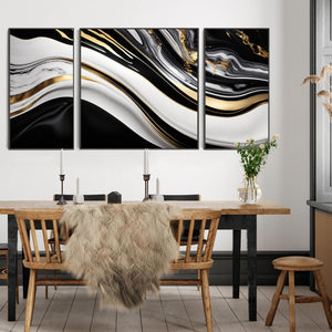 Extra Large Black Gold Framed Wall Art - Modern XXL Set 3 Canvas - 212cm Wide