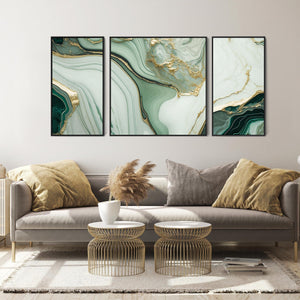 Extra Large Abstract Framed Canvas Wall Art - Green Gold - Set of 3 Pictures