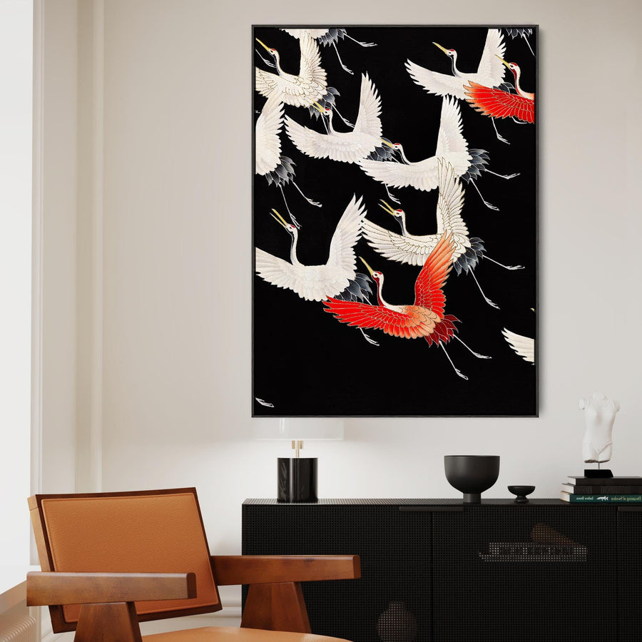 Japanese Birds Wall Art Framed Canvas Print of Flying Cranes