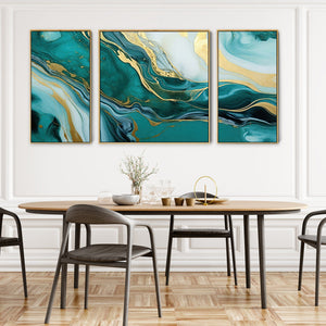 Extra Large Teal Gold Abstract Framed Canvas Wall Art - XXL 212cm Wide