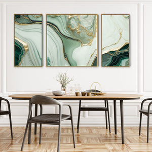 Extra Large Abstract Framed Canvas Wall Art - Green Gold - Set of 3 Pictures