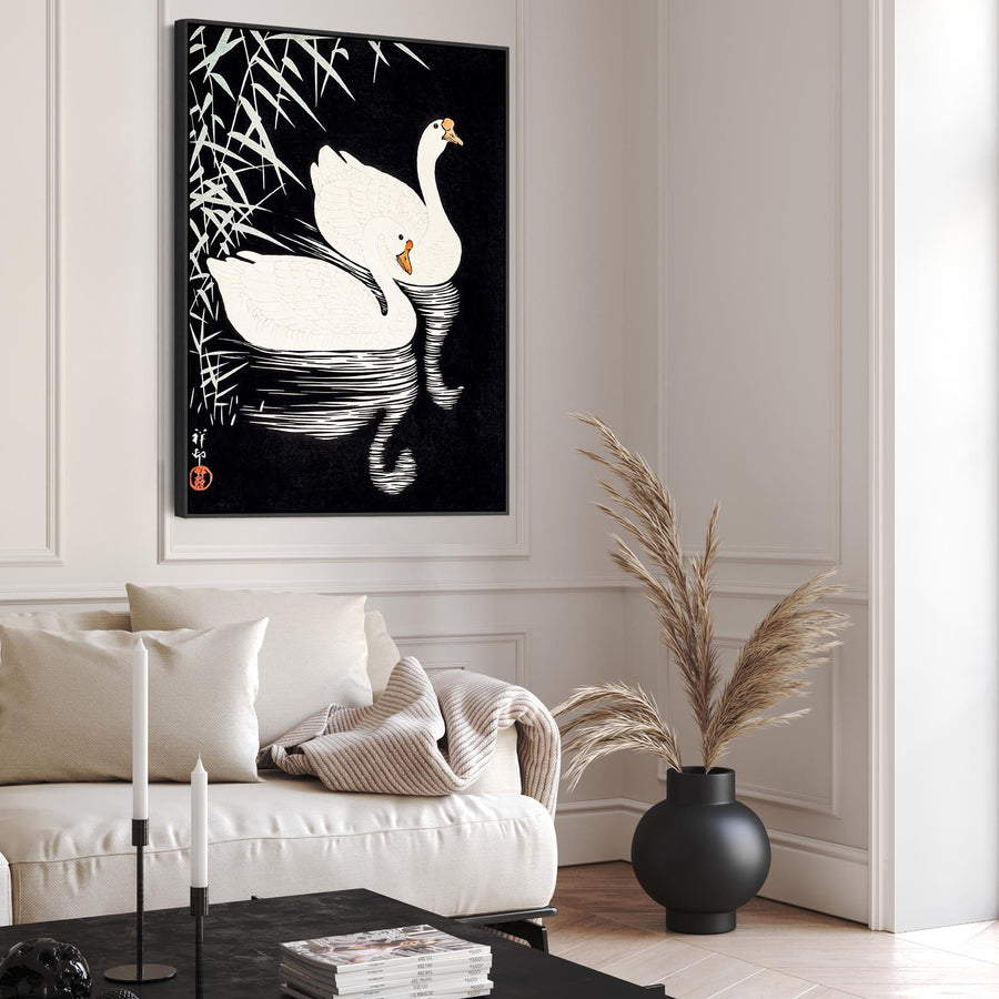 White Swans Japanese Wall Art Framed Canvas Print of Ohara Koson Painting