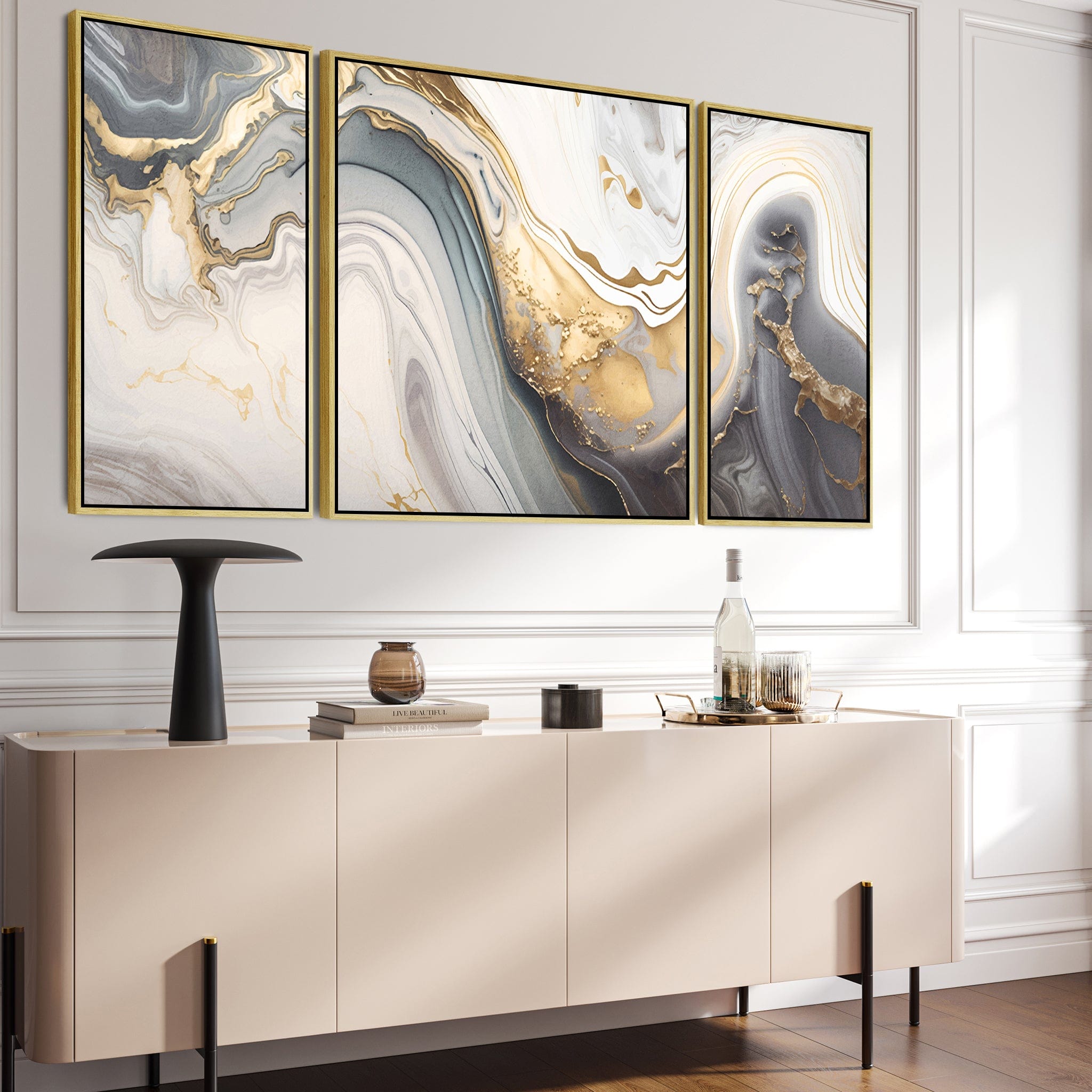 Large Modern Grey Gold Abstract Wall Art for Living Room - Framed Set