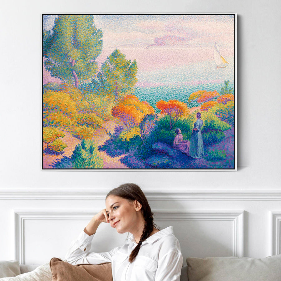 Large Henri Edmond Cross Colourful Framed Canvas Print of Two Women by the Shore Multi Coloured Painting