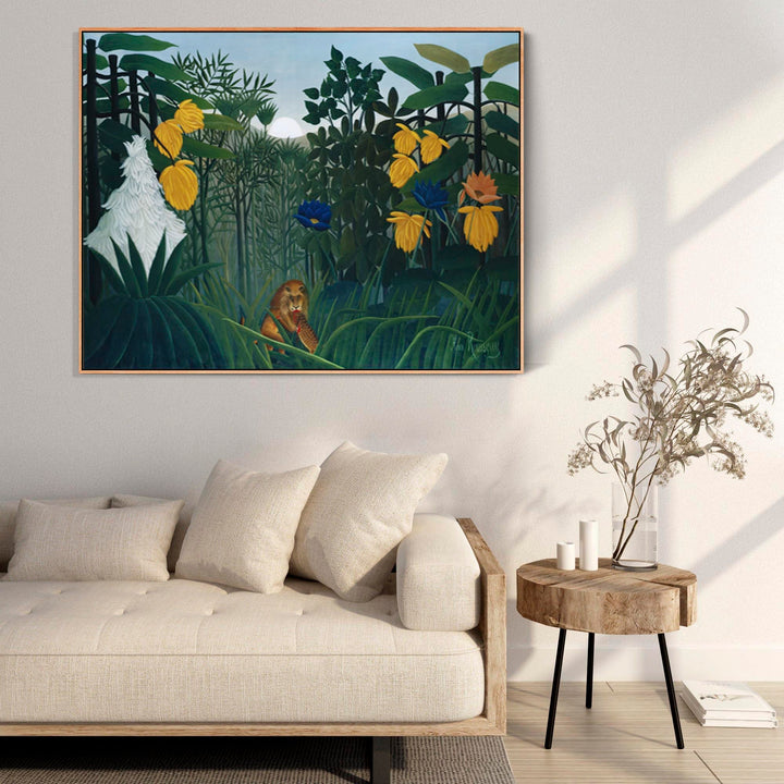 Large Henri Rousseau Wall Art Framed Canvas Print The Repast of the Lion Famous Painting - FFob-2334-Oak-L