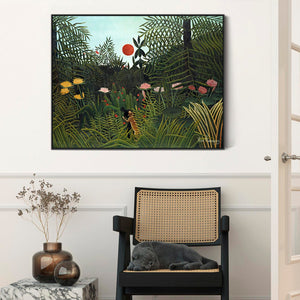 Large Henri Rousseau Wall Art Framed Canvas Print of Virgin Forest with Sunset Famous Painting