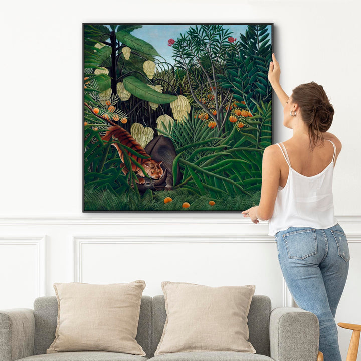 Large Henri Rousseau Wall Art Framed Canvas Print of Fight Between Tiger and Buffalo Famous Painting - 100cm x 100cm - FFs-2332-B-XL