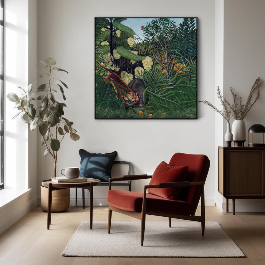 Large Henri Rousseau Wall Art Framed Canvas Print of Fight Between Tiger and Buffalo Famous Painting - 100cm x 100cm