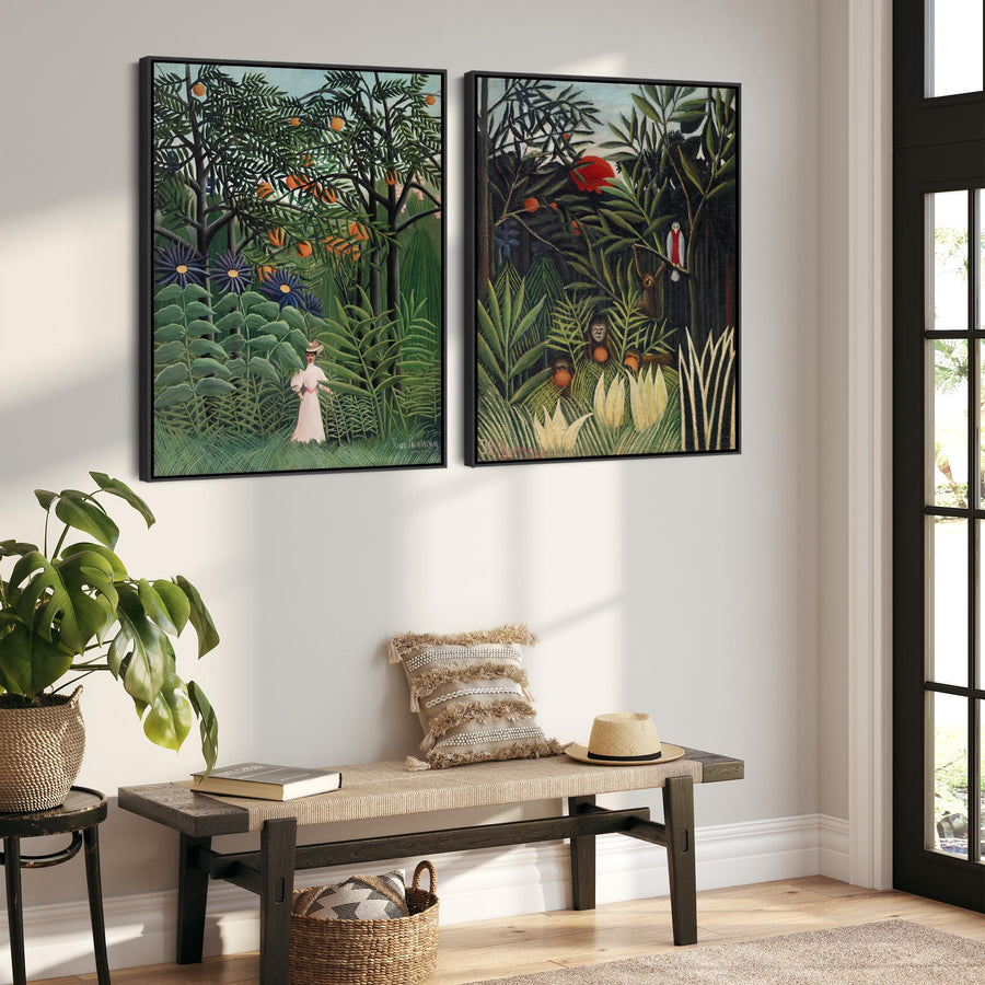 Large Henri Rousseau Framed Pair of Wall Art Prints of Exotic Virgin Forest Paintings