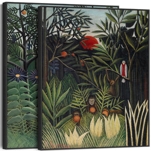 Large Henri Rousseau Framed Pair of Wall Art Prints of Exotic Virgin Forest Paintings