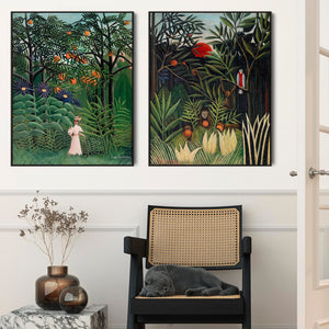 Large Henri Rousseau Framed Pair of Wall Art Prints of Exotic Virgin Forest Paintings