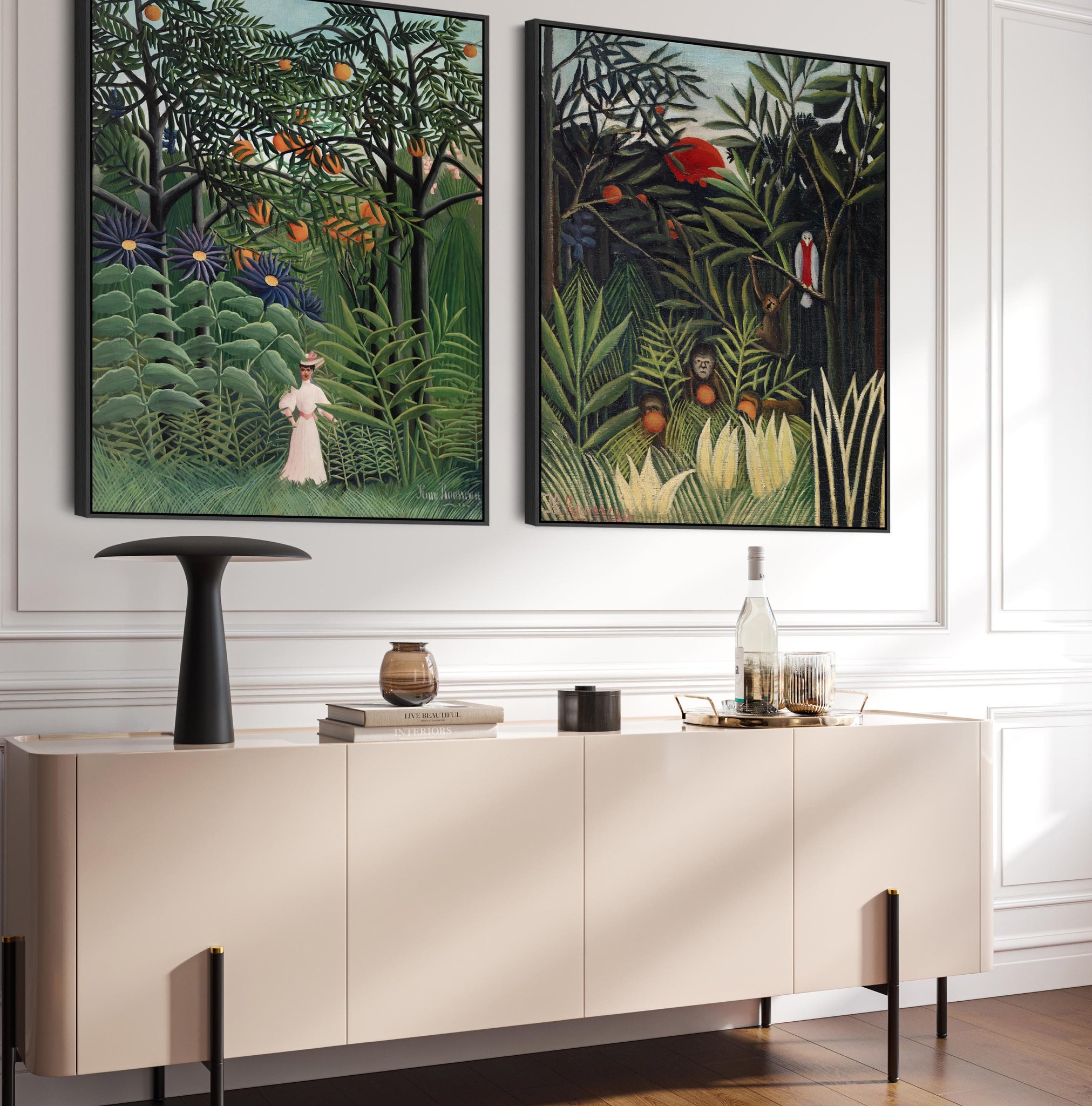 Large Henri Rousseau Framed Pair of Wall Art Prints of Exotic Virgin F