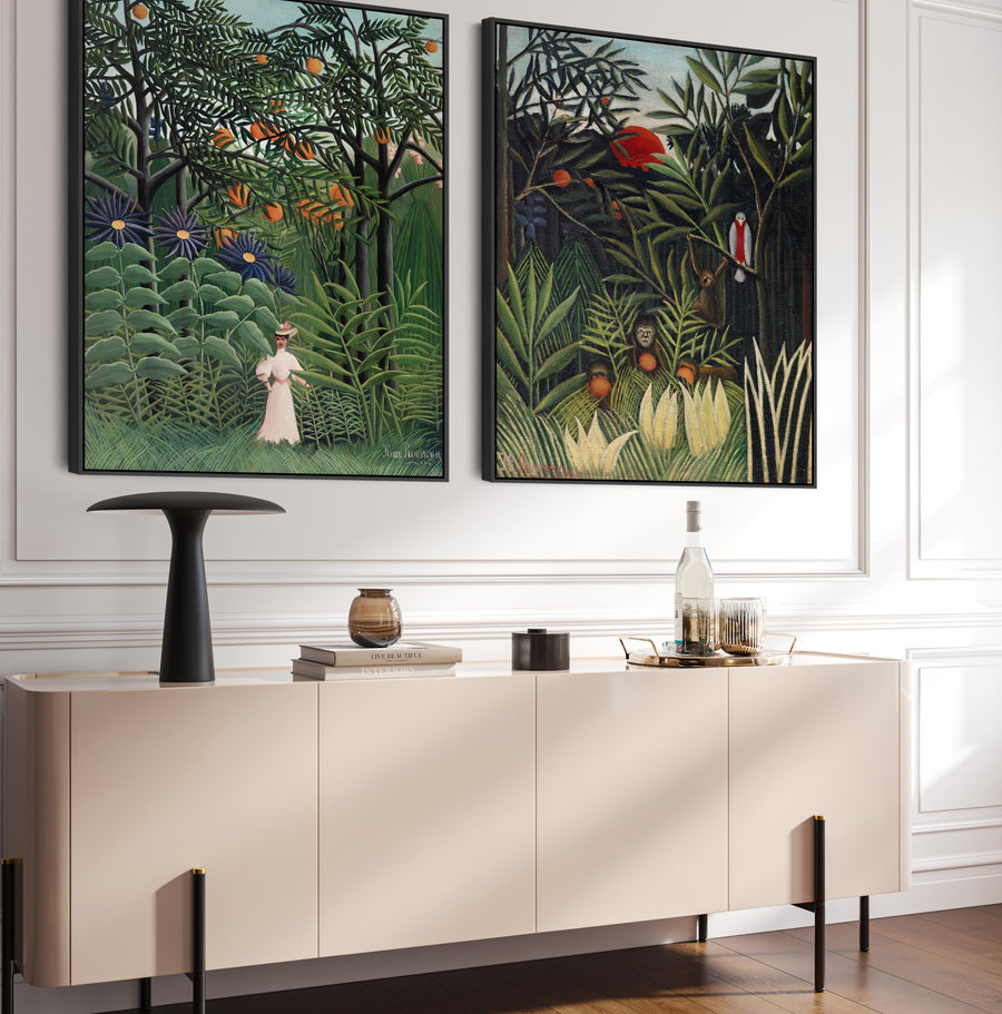 Large Henri Rousseau Framed Pair of Wall Art Prints of Exotic Virgin Forest Paintings