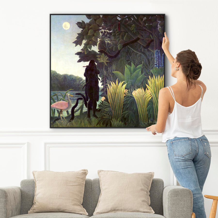 Large Henri Rousseau Wall Art Framed Canvas Print of The Snake Charmer Famous Painting - 100cm x 100cm