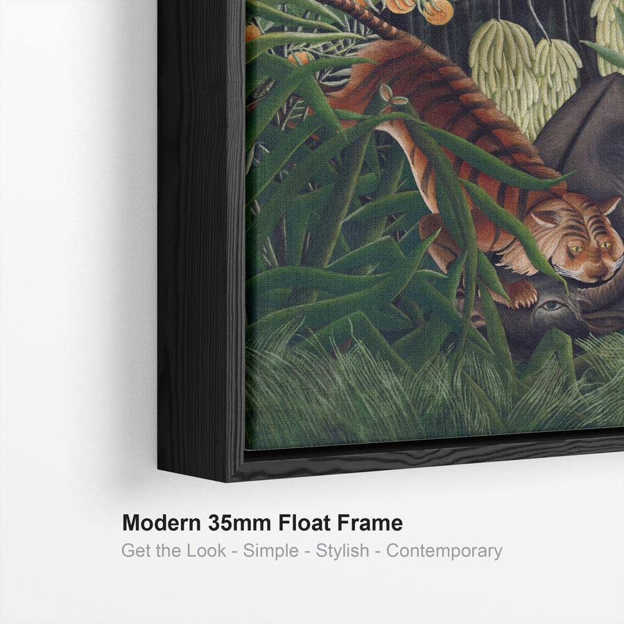 Large Henri Rousseau Wall Art Framed Canvas Print of Fight Between Tiger and Buffalo Famous Painting - 100cm x 100cm