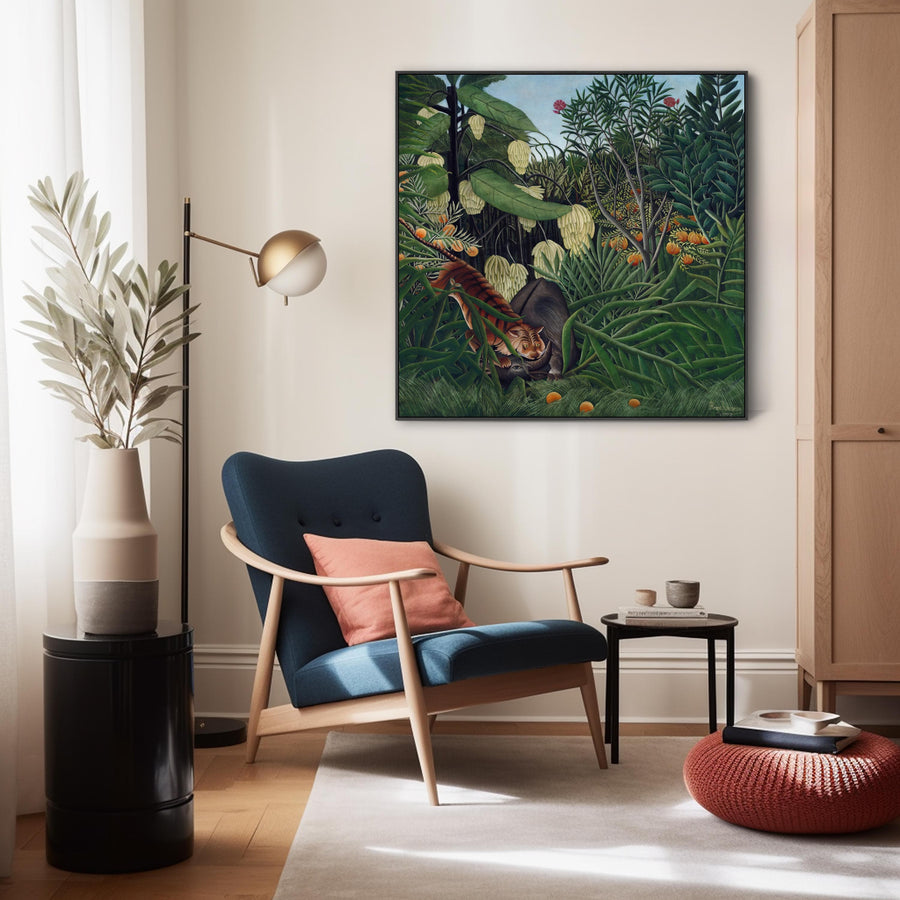 Large Henri Rousseau Wall Art Framed Canvas Print of Fight Between Tiger and Buffalo Famous Painting - 100cm x 100cm