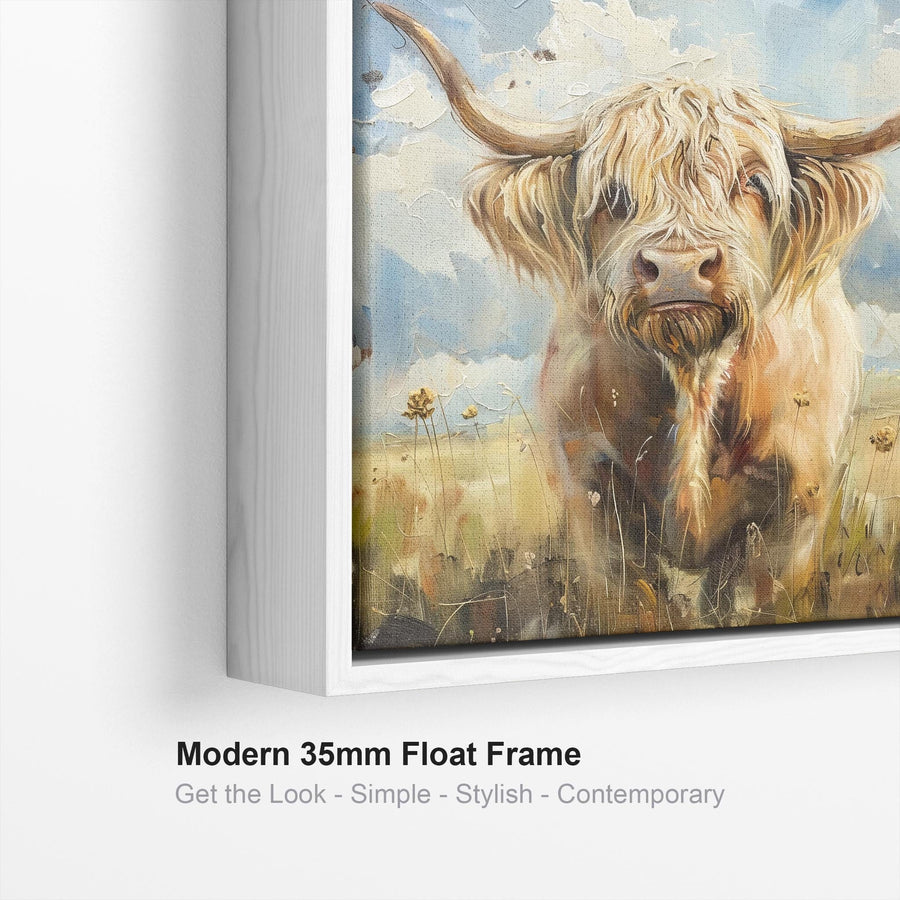 Large Highland Cow Abstract Wall Art Framed Canvas Print of Scottish Painting - 100cm x 100cm