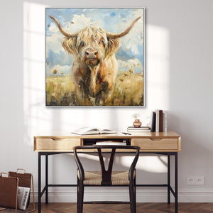 Large Highland Cow Abstract Wall Art Framed Canvas Print of Scottish Painting - 100cm x 100cm